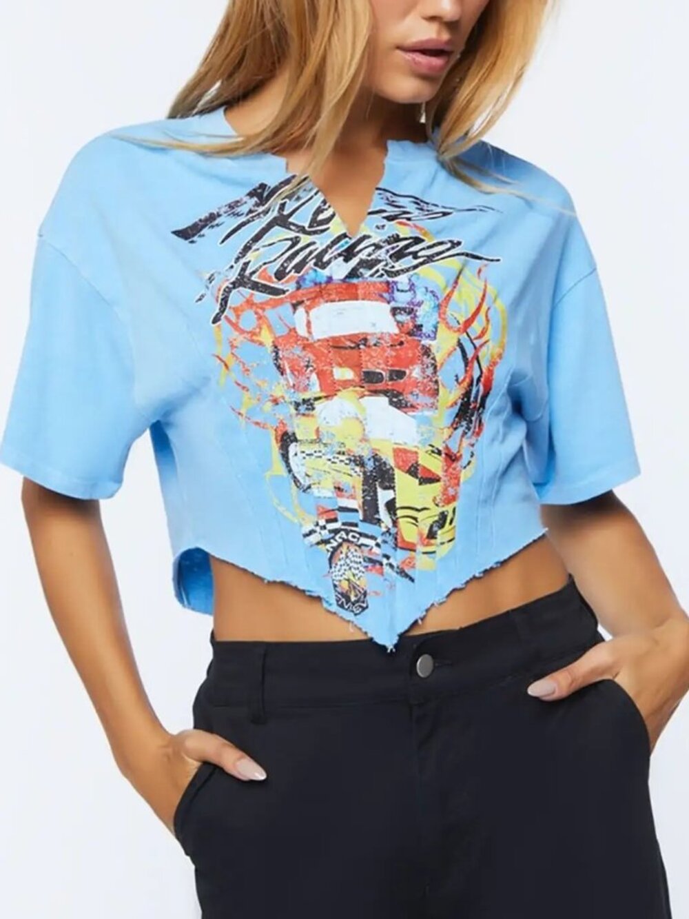 Forever 21 Blue Racing Graphic Cropped Tee S Y2K